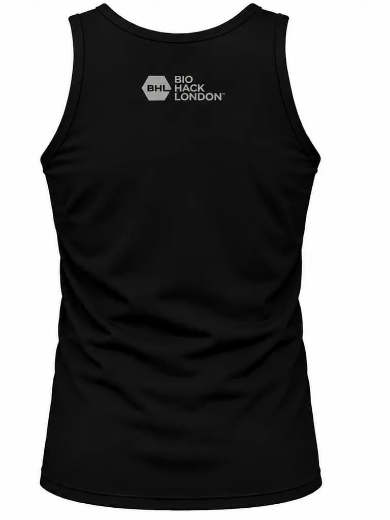 Back of the black BioHack London ribbed vest, showing the tonal BHL mark between the shoulders