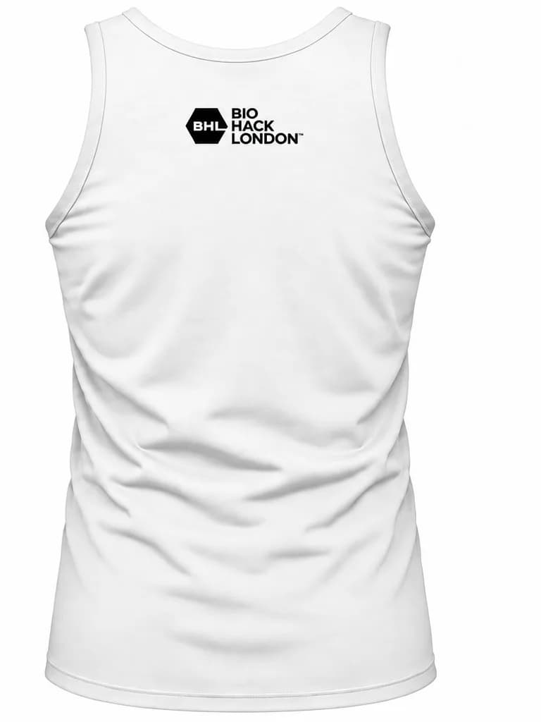 Back of the white BioHack London ribbed vest, showing the BHL mark between the shoulders