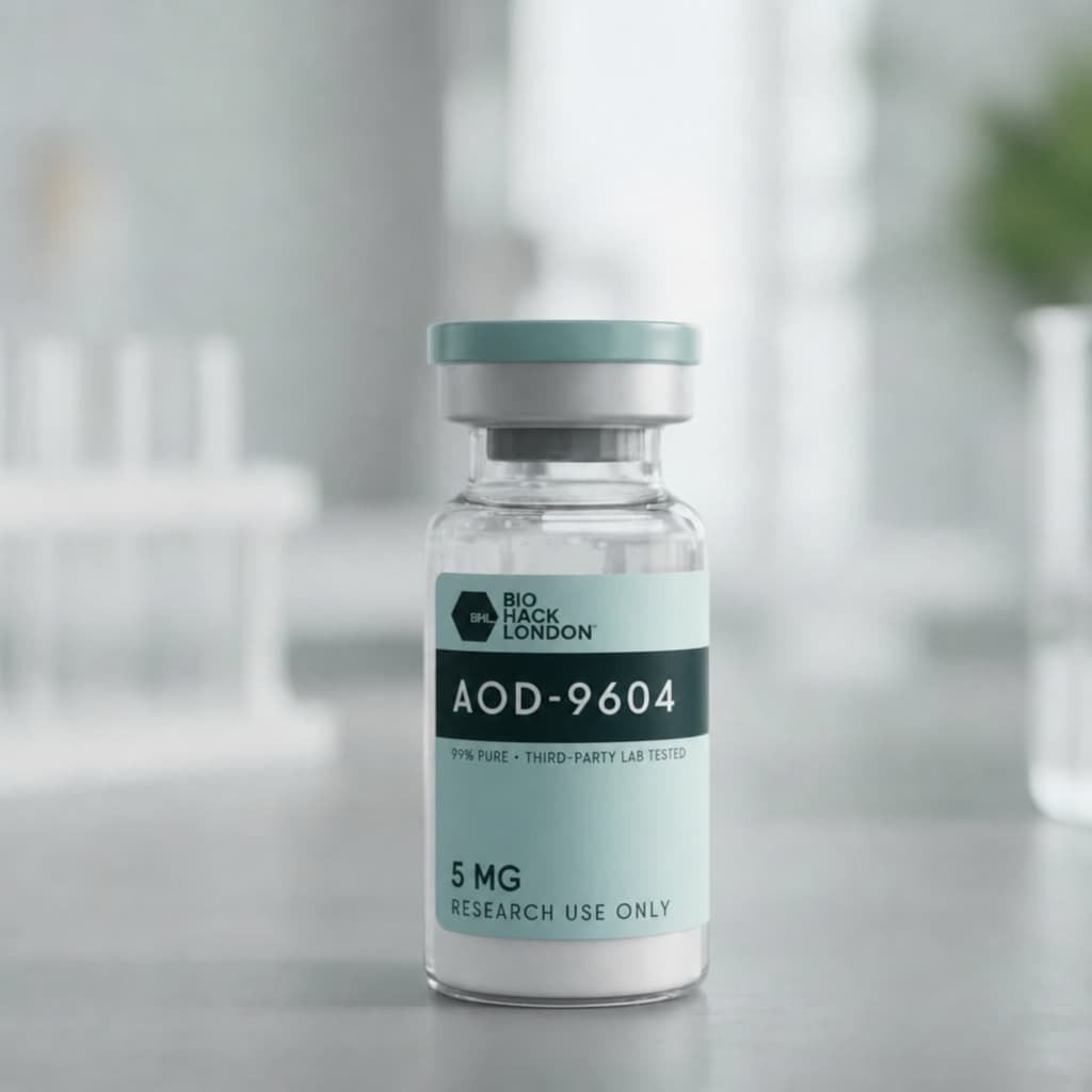 AOD-9604 research peptide vial by BioHack London – 99% pure third-party lab tested