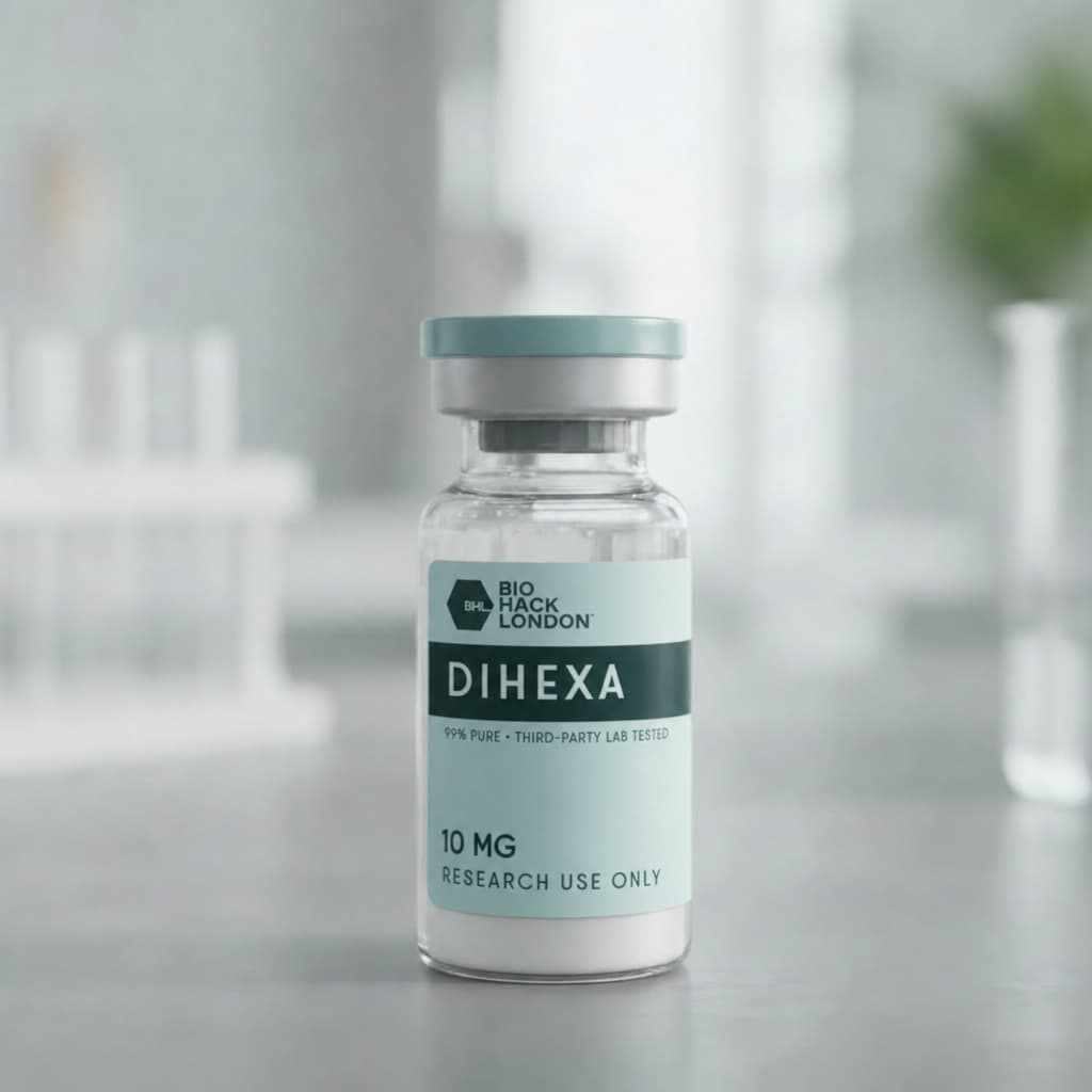 Dihexa research peptide vial by BioHack London – 99% pure third-party lab tested