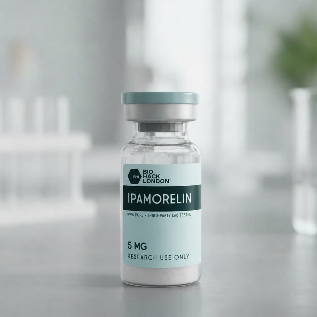 Ipamorelin research peptide vial by BioHack London – 99% pure third-party lab tested